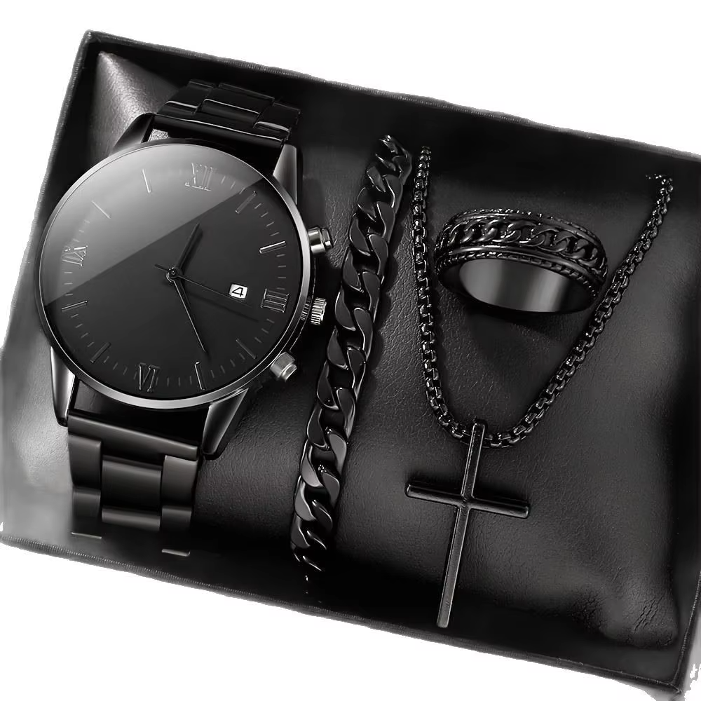 Men's Luxury Fashion Analog 20mm Three-Eye Calendar 4-Piece Black Minimalist Quartz Watch Set