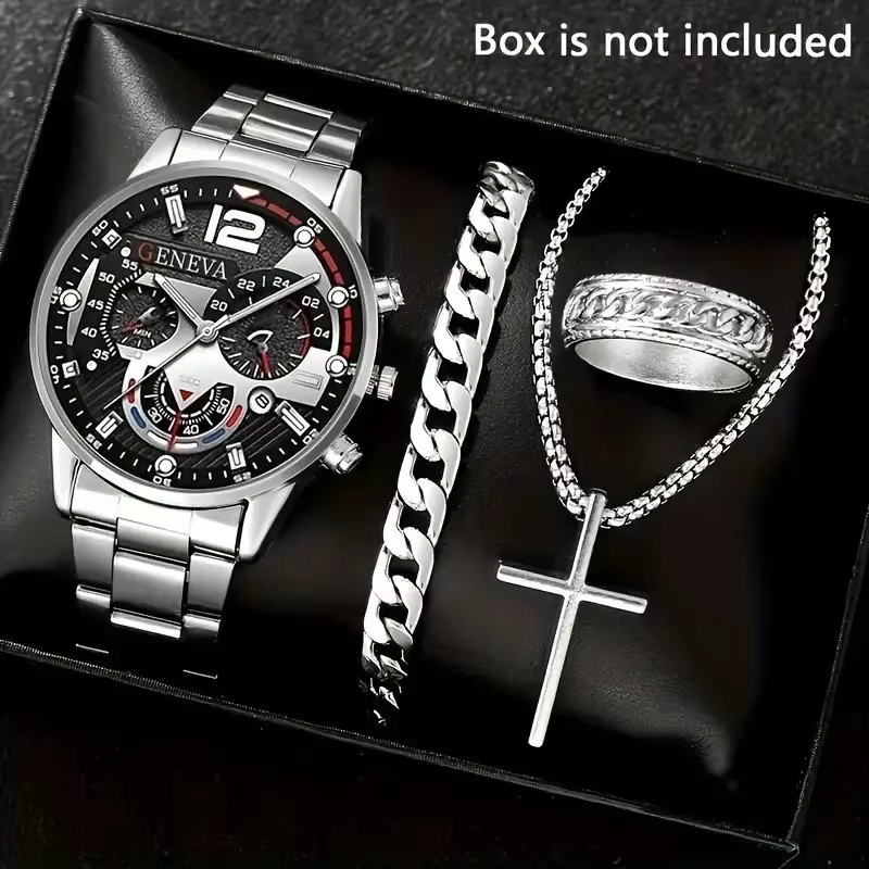 Men's Luxury Fashion Analog 20mm Three-Eye Calendar 4-Piece Black Minimalist Quartz Watch Set