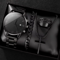 Men's Luxury Fashion Analog 20mm Three-Eye Calendar 4-Piece Black Minimalist Quartz Watch Set